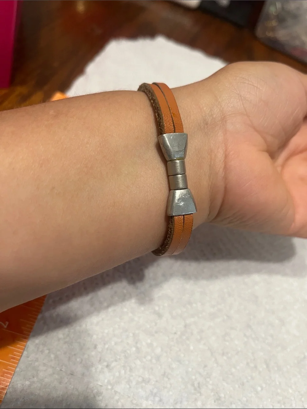 Men's Brown Leather Bracelet with Bear Accent and Silver Discs